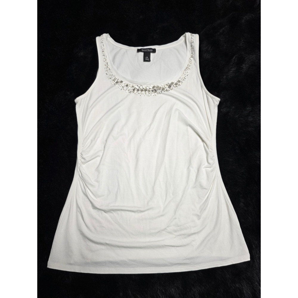 White House Black Market White Beaded Neckline Ruched Tank Top Womens Medium